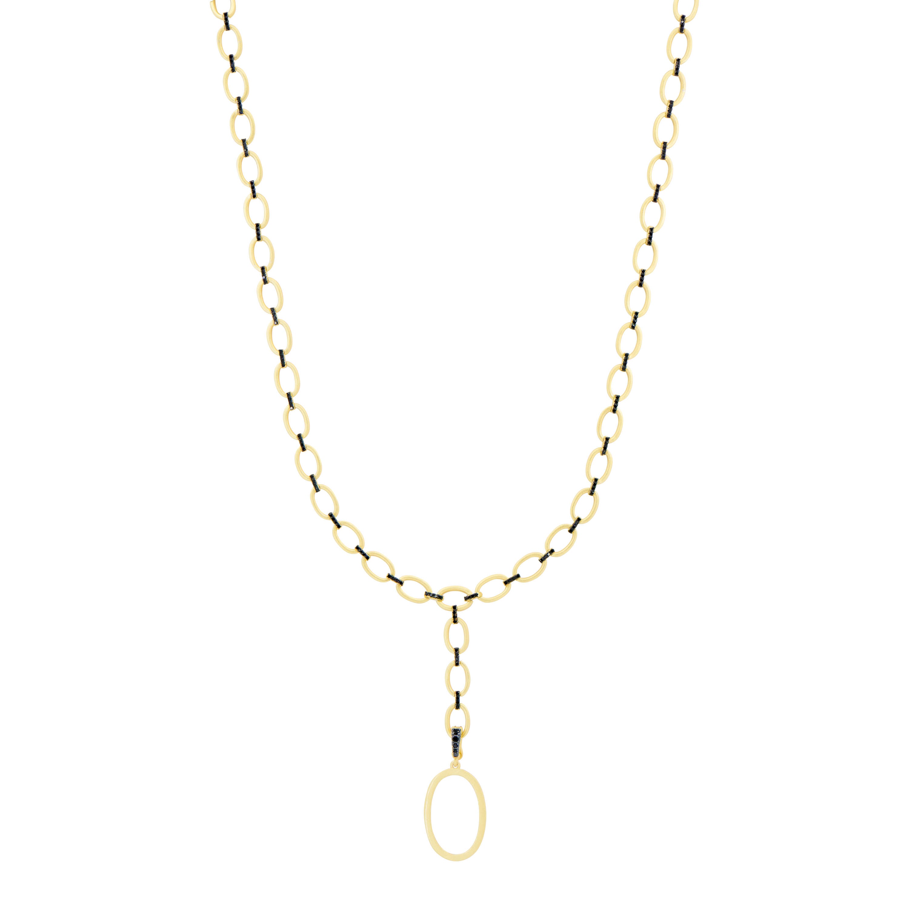 The Industrial Finish Cobblestone Flat Chain Link Y-Necklace from Industrial Finish features a series of oval links forming a gold chain. At its center, it boasts a larger oval-shaped pendant that elevates the piece with minimalistic elegance. The industrial finish adds a contemporary edge to this refined design.