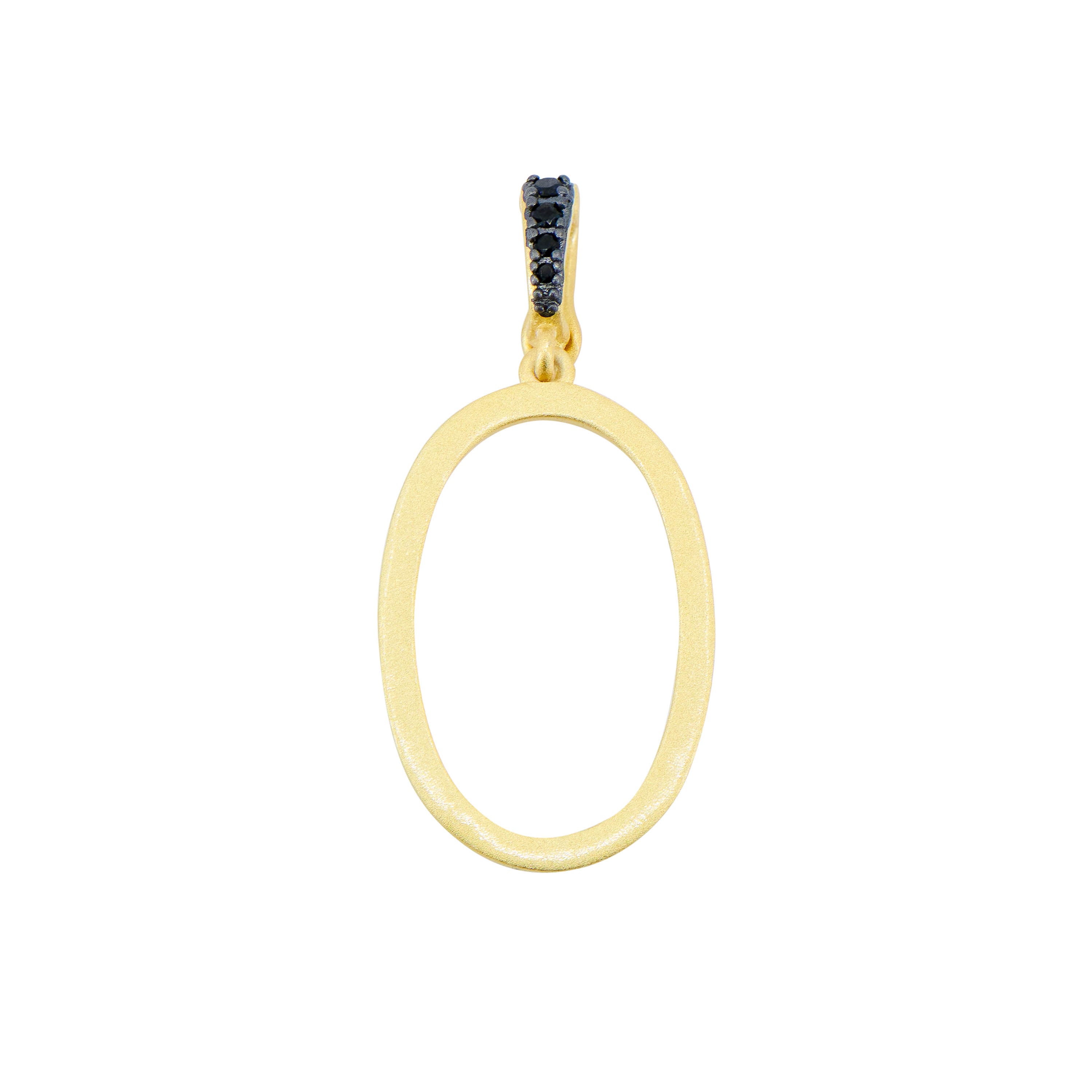 An Industrial Finish Cobblestone Flat Chain Link Y-Necklace features a gold pendant in the shape of an oval suspended from a sterling silver loop adorned with black gemstones. The minimalist design is highlighted by a smooth gold finish that emphasizes the contrast between the gold and dark stones.