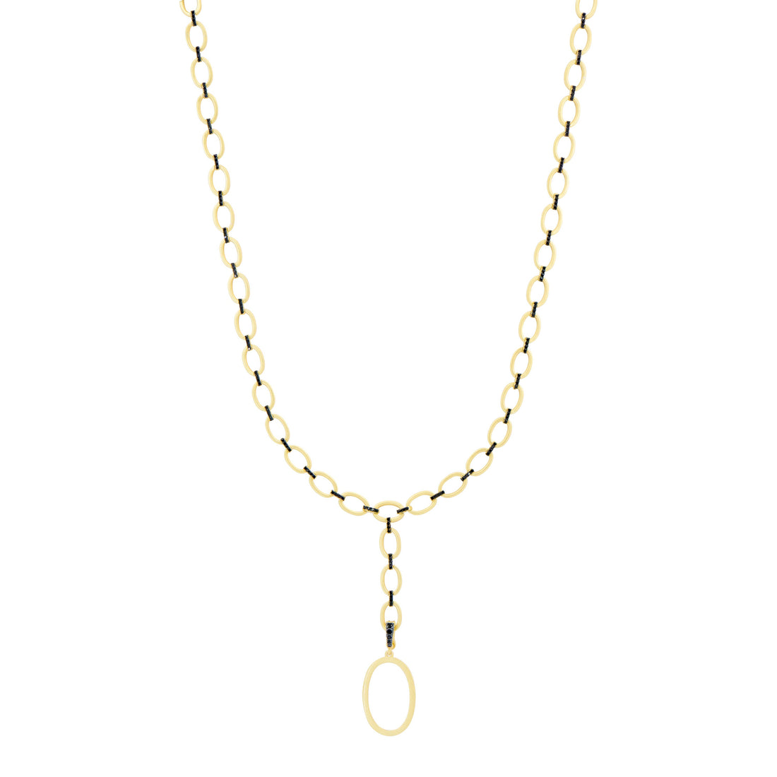 The Industrial Finish Cobblestone Flat Chain Link Y-Necklace from Industrial Finish features a series of oval links forming a gold chain. At its center, it boasts a larger oval-shaped pendant that elevates the piece with minimalistic elegance. The industrial finish adds a contemporary edge to this refined design.