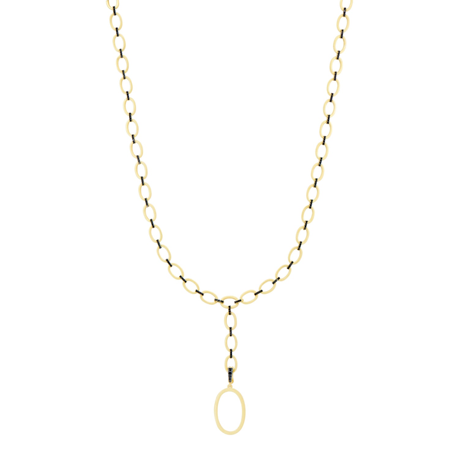 The Industrial Finish Cobblestone Flat Chain Link Y-Necklace from Industrial Finish features a series of oval links forming a gold chain. At its center, it boasts a larger oval-shaped pendant that elevates the piece with minimalistic elegance. The industrial finish adds a contemporary edge to this refined design.