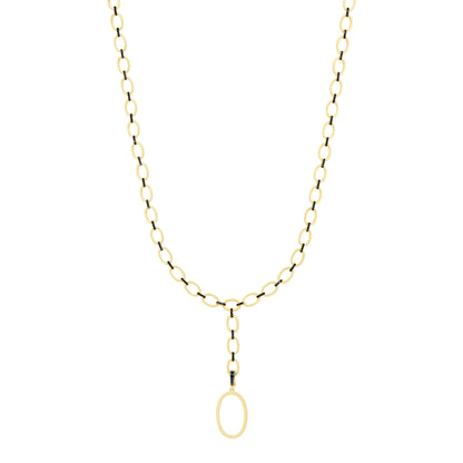 The Industrial Finish Cobblestone Flat Chain Link Y-Necklace from Industrial Finish features a series of oval links forming a gold chain. At its center, it boasts a larger oval-shaped pendant that elevates the piece with minimalistic elegance. The industrial finish adds a contemporary edge to this refined design.