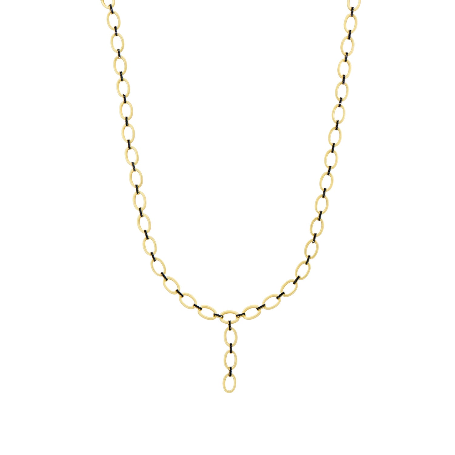 The Industrial Finish Cobblestone Flat Chain Link Y-Necklace showcases a series of elegant oval links, highlighted by a central dangling, smaller oval link charm. This necklace radiates sophistication with its timeless design and is further enriched by its sterling silver accents.