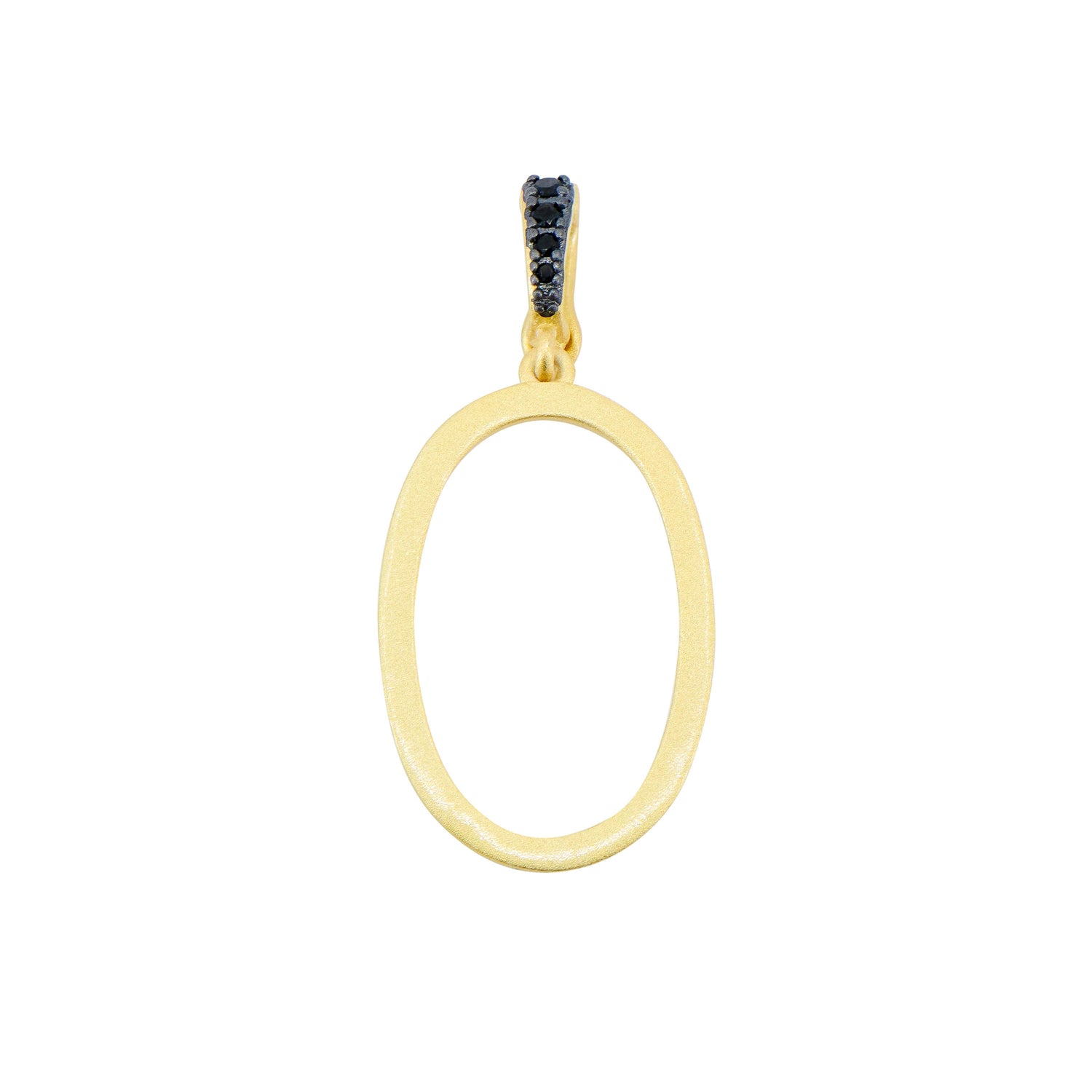 An Industrial Finish Cobblestone Flat Chain Link Y-Necklace features a gold pendant in the shape of an oval suspended from a sterling silver loop adorned with black gemstones. The minimalist design is highlighted by a smooth gold finish that emphasizes the contrast between the gold and dark stones.