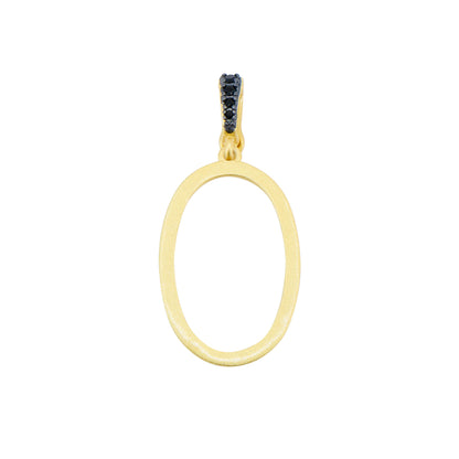 An Industrial Finish Cobblestone Flat Chain Link Y-Necklace features a gold pendant in the shape of an oval suspended from a sterling silver loop adorned with black gemstones. The minimalist design is highlighted by a smooth gold finish that emphasizes the contrast between the gold and dark stones.